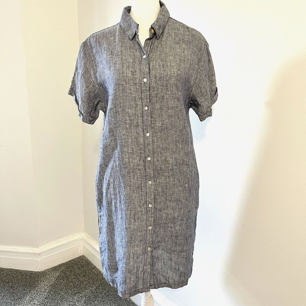 Tahari Linen Shirt Dress Womens Size Medium Navy Blue Button Front Shift Pockets